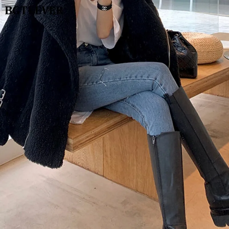 Christmas Gift Joskaa Fashion Chic Double Button Women Pencil Denim Jeans High Waist Skinny Ripped Holes Female Jeans Pants 2024 Spring