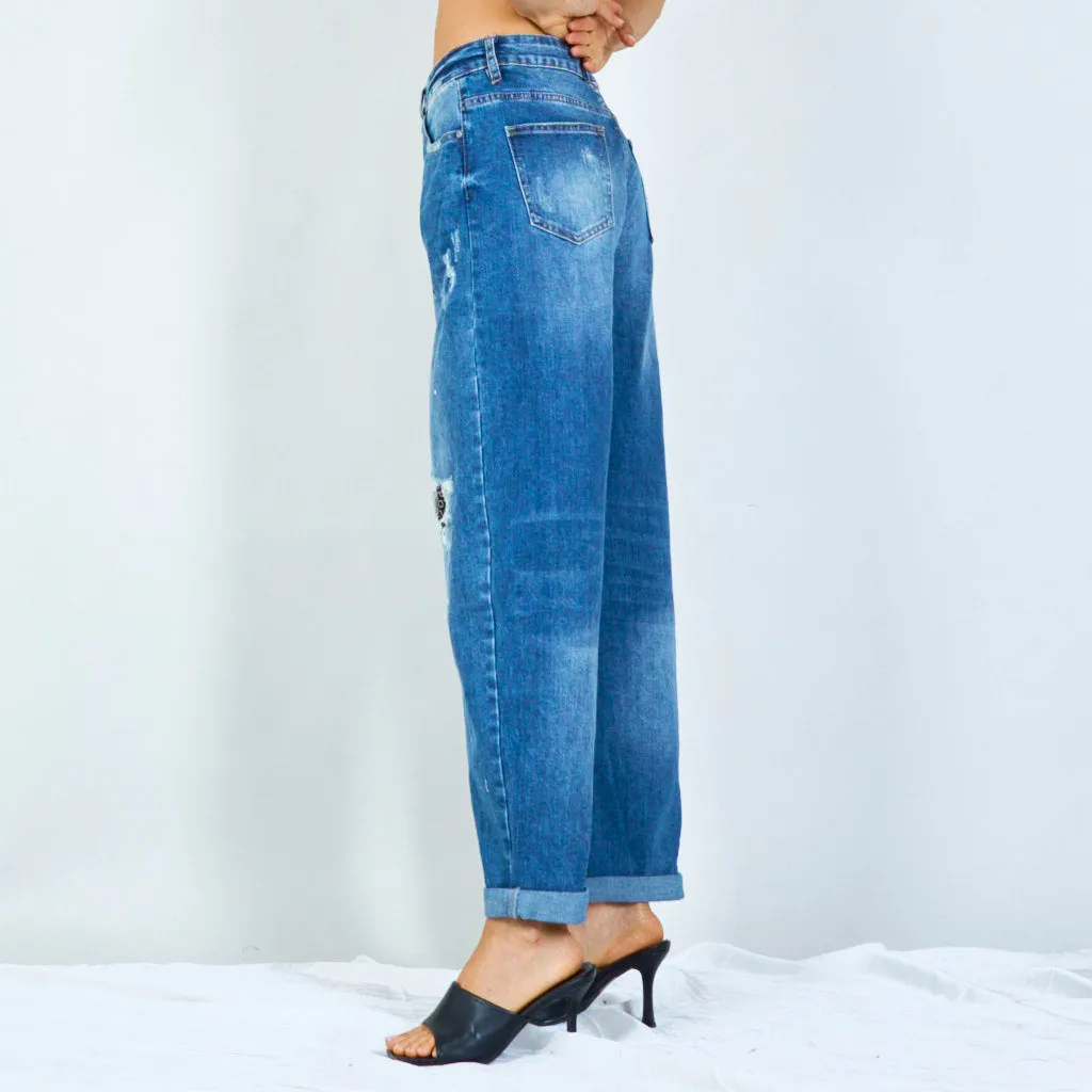 Distressed wide-leg jeans with pearl embellishments wholesale