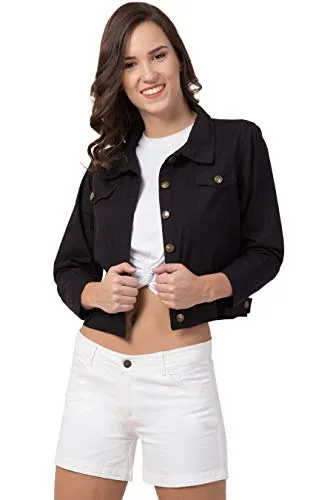 FUNDAY FASHION Women's Self-design Regular Cotton Blend Jacket(SYS-4076m_Medium, Black)