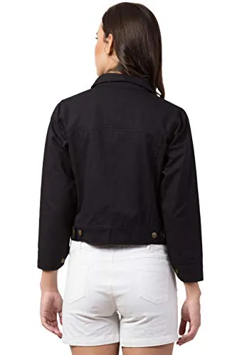 FUNDAY FASHION Women's Self-design Regular Cotton Blend Jacket(SYS-4076m_Medium, Black)