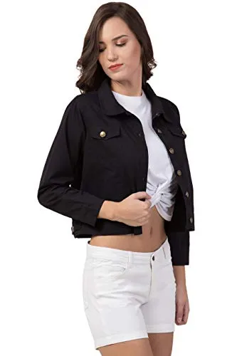 FUNDAY FASHION Women's Self-design Regular Cotton Blend Jacket(SYS-4076m_Medium, Black)
