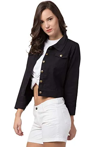 FUNDAY FASHION Women's Self-design Regular Cotton Blend Jacket(SYS-4076m_Medium, Black)