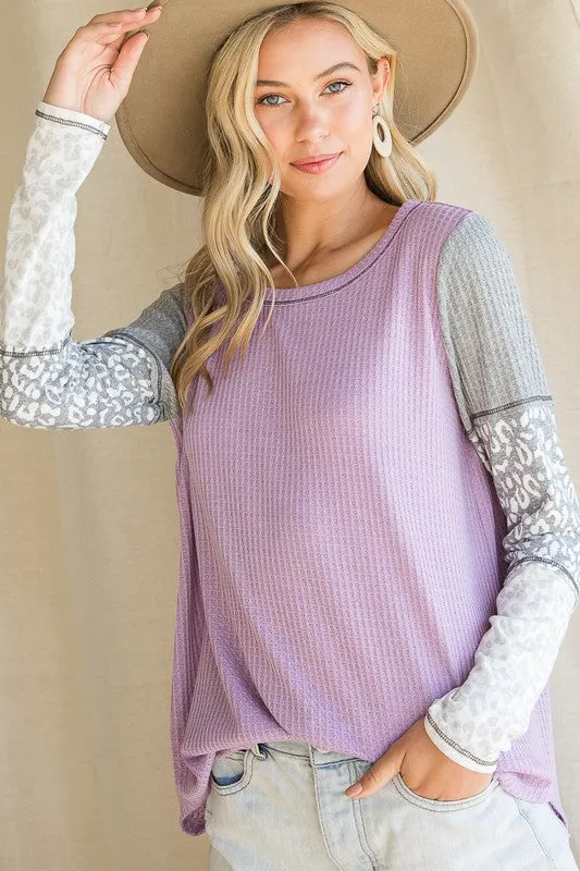 HWT1195 WAFFLE KNIT WITH LEOPARD BLOCKING SLEEVE