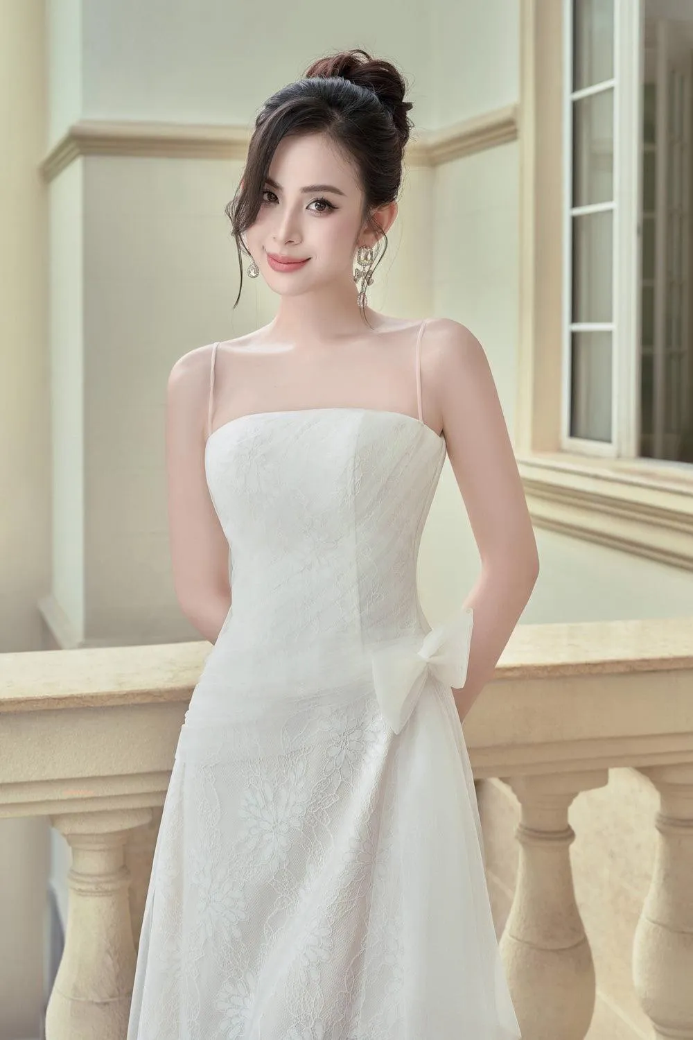 Logan A-line Spaghetti Strap Mesh Lace Midi Dress