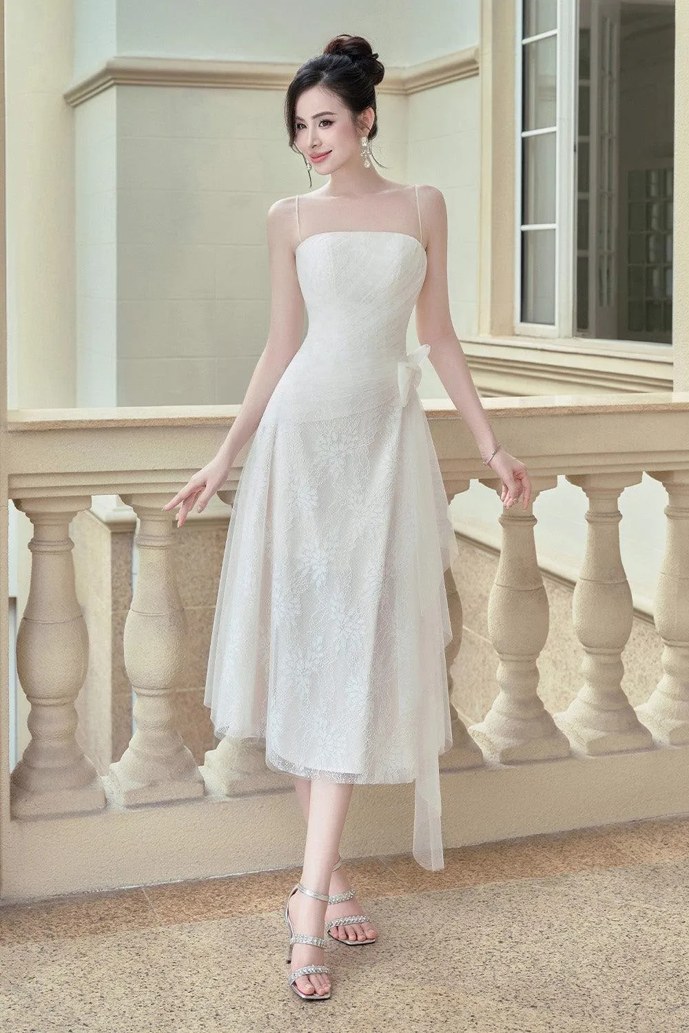 Logan A-line Spaghetti Strap Mesh Lace Midi Dress