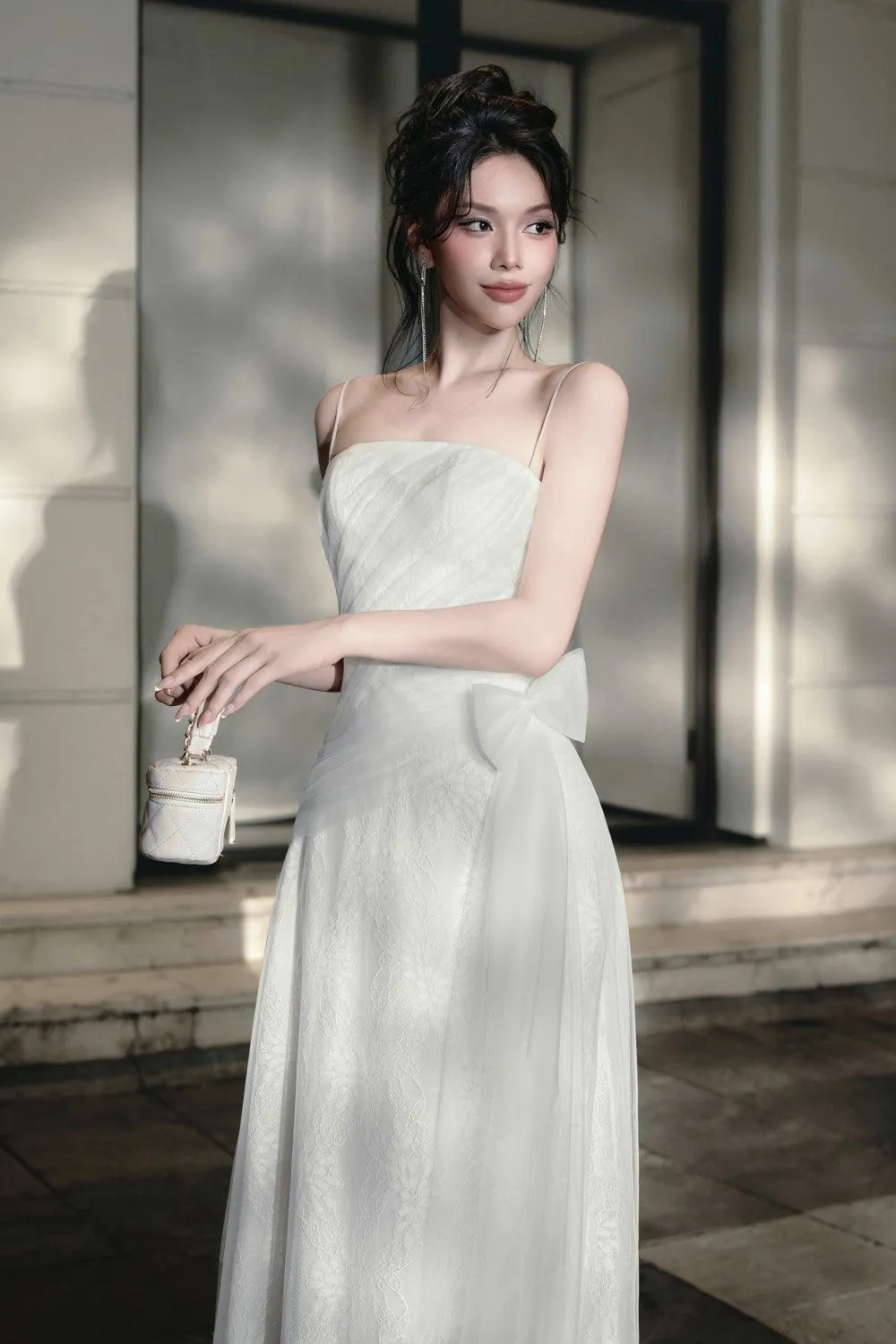 Logan A-line Spaghetti Strap Mesh Lace Midi Dress