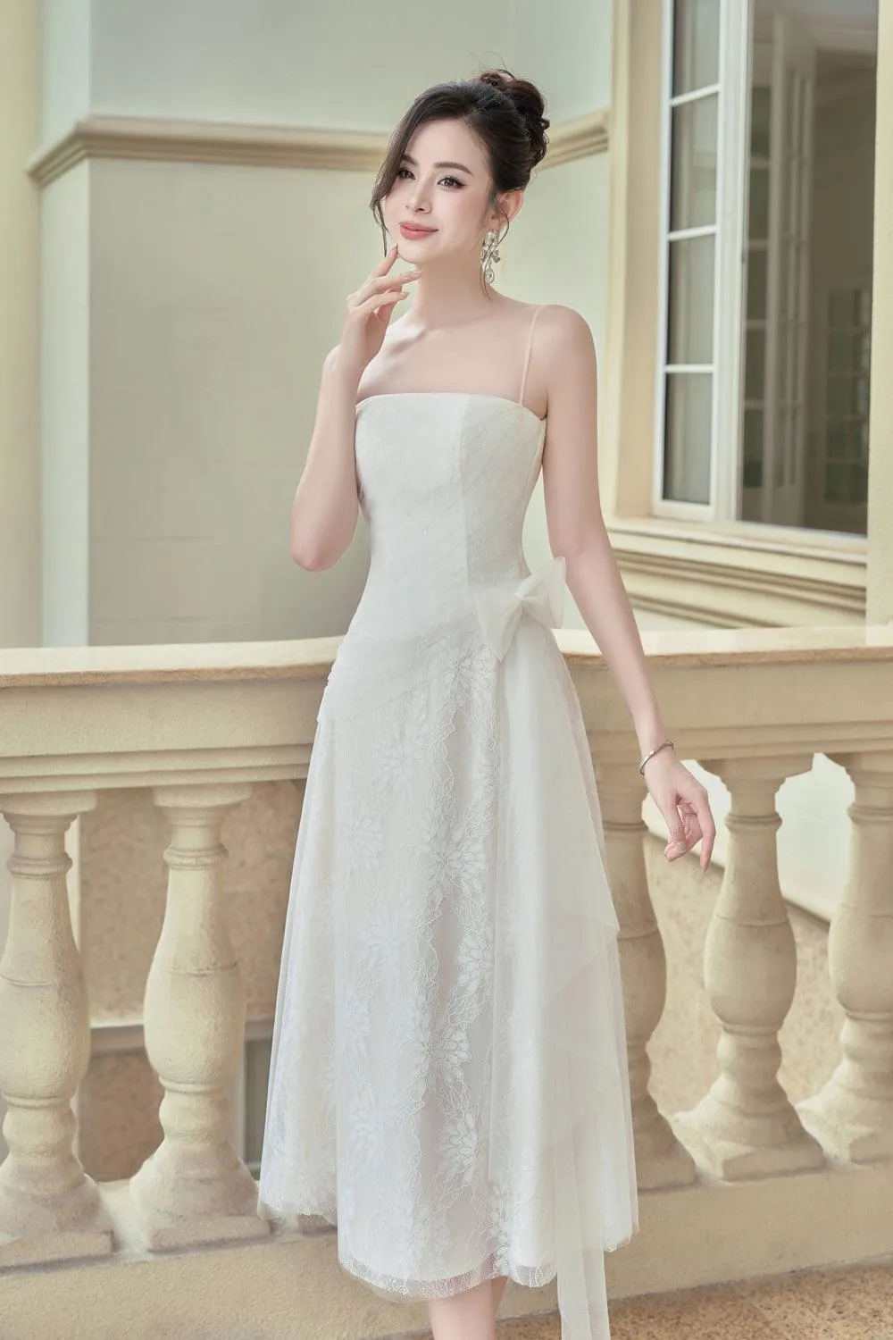 Logan A-line Spaghetti Strap Mesh Lace Midi Dress
