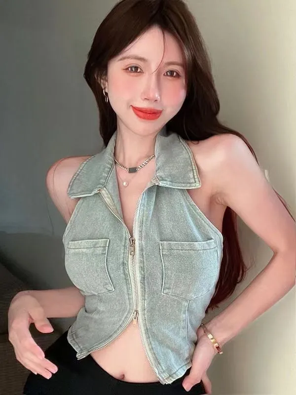 MB FASHION DENIM DUAL ZIP UP HALTER TOP 021LY