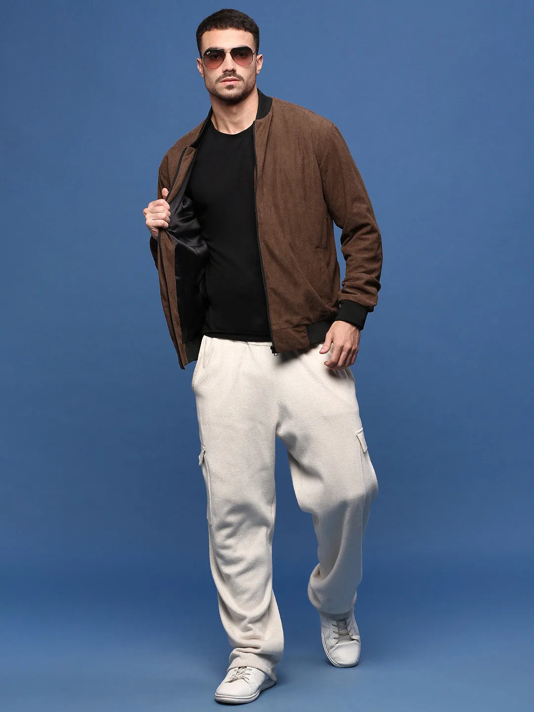 Men Solid Brown Bomber Jacket